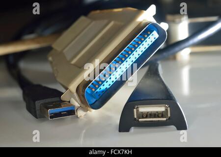 männliche und weibliche Art Steckverbinder für den Anschluss von Peripheriegeräten Stockfoto