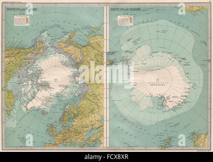 POLARE Regionen: Nord & Süd Poles.Arctic Antarctic.Explorers Positionen, 1890-Karte Stockfoto