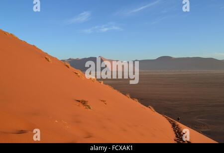 Person zu Fuß auf einer riesigen Sanddüne in Namibia, Afrika Stockfoto