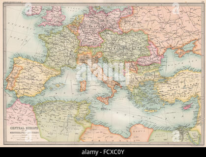 Europa: Mitteleuropa und den Mittelmeerländern. Bartholomäus, 1890-Karte Stockfoto