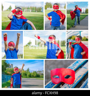 Foto-Collage von jungen gekleidet in Cape und Maske. Set für Broschüre über Kinderspiele und Mut Stockfoto