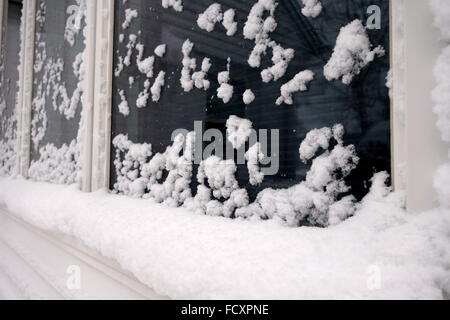 Fensterscheibe mit Schnee bedeckt, Post Schneesturm Jonas 2016 an der Ostküste, USA Stockfoto