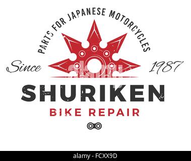 Japan Fahrrad Reparatur Service Logo-Konzept. Ninja Waffe Insignia Design. Vintage Shuriken Abzeichen. Motorrad Teile T-shirt Illustration. Stock Vektor