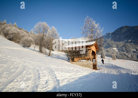 Winterlandschaft mit hölzernen Scheune, Pitztaler Alpen - Tirol-Österreich-Europa Stockfoto