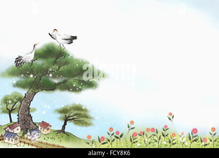 Orientalische Aquarellmalerei von Pinien in der Natur mit Textfreiraum Stockfoto