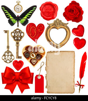 Auflistung von Objekten für Valentinstag Sammelalbum. Papier mit Stift, rote Herzen, Goldrahmen, Antike Uhr, Schlüssel, Feder Stift, f Stockfoto