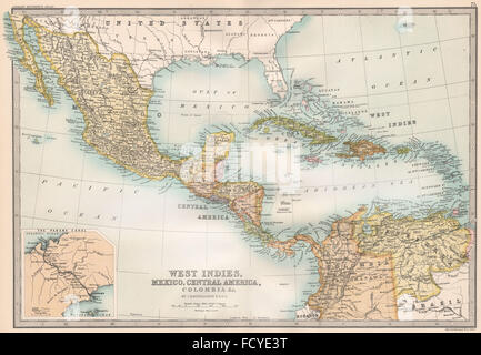 Zentral Amerika & Karibik: Westindien Mexiko & c. Inset-Panama-Kanal, 1890-Karte Stockfoto