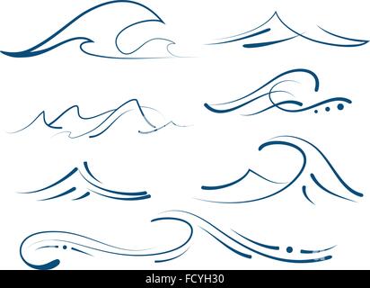 Reihe von verschiedenen einfache stilisierte Nadelstreifen Ozeanwellen Stock Vektor