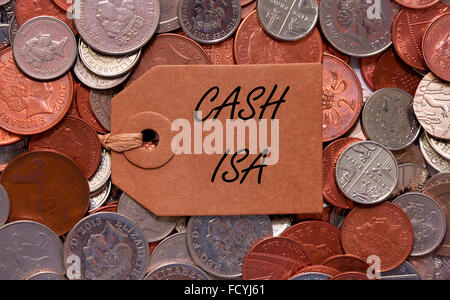 Bargeld Isa Label auf britische gemischte Münzen Stockfoto
