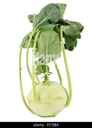 Kohlrabi mit grünen Blättern, die isoliert auf weißem Hintergrund, Studio gedreht Stockfoto