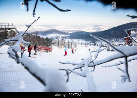 Grossschoenau, Deutschland. 22. Januar 2016. Skifahrer sind bergab im Naturpark "Zittauer Gebirge" (Zittauer Gebirge) in Grossschoenau, Deutschland, 22. Januar 2016 Skifahren. Der Naturpark liegt im Dreiländereck zwischen Deutschland, Tschechien und Polen und ist Teil einer Reihe von Naturparks in der Umgebung. Der Park wurde der 100. aufgeführten Erhaltung Bereich und Natur Park Landschaftsschutzgebiet in Deutschland im Jahr 2008. Foto: Thomas Eisenhuth/Dpa - NO-Draht-SERVICE-/ Dpa/Alamy Live News Stockfoto