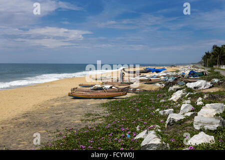 Angelboote/Fischerboote am Strand von Mokkam in der Nähe von Kollam (Quilon), Kerala, Indien Stockfoto