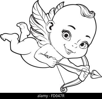 Schwarz / Weiß-Vektor-Illustration mit Baby Cupid einen Bogen schießen Stock Vektor