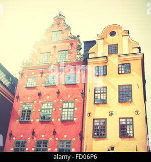 Alte Häuser am Platz Stortorget, Stockholm, Schweden. Retro-Stil vorgefiltert Bild Stockfoto