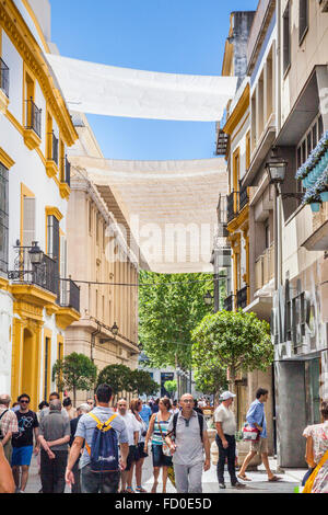 Spanien, Andalusien, Provinz Sevilla, Sevilla, schattiert in Calle Tetuán, Casco Antiguo, die alten Viertel von Sevilla Einkaufen Stockfoto