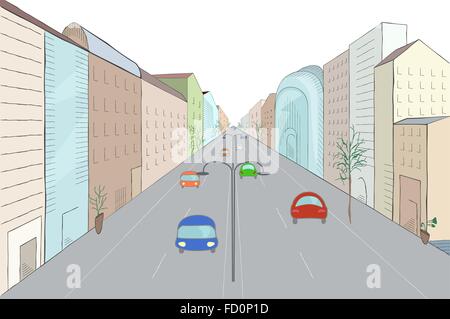 Stadtlandschaft im flachen Design-Stil, Vektor-Illustration. Moderne Stadt Straße mit Gebäuden, Autos, Wolkenkratzer und Bäume Stock Vektor