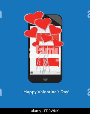 Vector - Bouquet der glückliche Herzen aus SMS-Nachrichten auf Handys. Happy Valentinstag. Blauer Hintergrund. Stock Vektor
