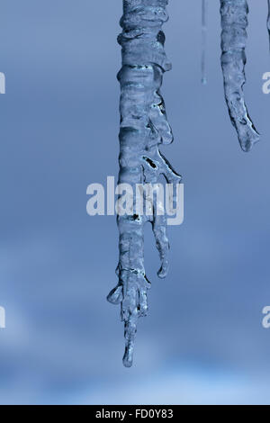 Eiszapfen über einem hellen Hintergrund mit interessanten Formen und Texturen ausgesetzt Stockfoto