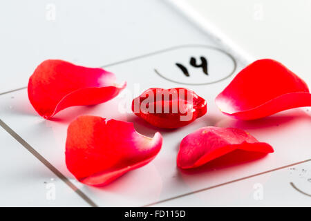 Nahaufnahme eines Kalenders mit der Nummer 14 geschrieben und roten Blüten und Lippen als ein Konzept für den Valentinstag Stockfoto