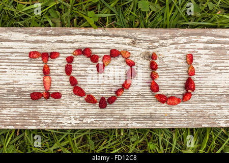 Erdbeeren sind die Buchstaben auf einem Hintergrund von grünen Wiesen und Board angelegt. Stockfoto