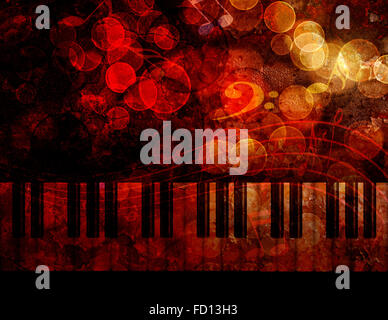 Klaviertastatur mit Bokeh Musical Noten und rote Grunge Texturen Hintergrund Illustration Stockfoto