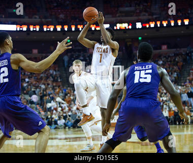 Austin, TX, USA. 26. Januar 2016. Texas Longhorns Jesaja Taylor #01 in Aktion während der NCAA Männer Basketball-Spiel zwischen TCU im Frank Erwin Center in Austin, TX. Mario Cantu/CSM/Alamy Live-Nachrichten Stockfoto