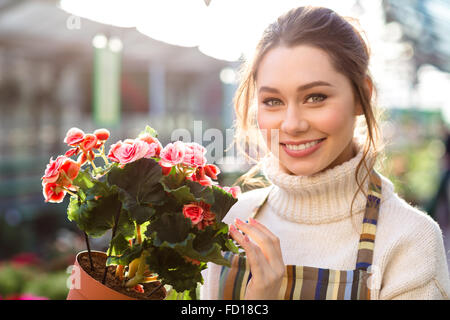 Fröhliche schöne Frau Floristen halten blühende Begonie im Garten-center Stockfoto