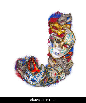 Buchstabe J hat Karnevalsmaske und Feder Stockfoto