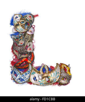 Buchstabe L gemacht Karnevalsmaske und Feder Stockfoto