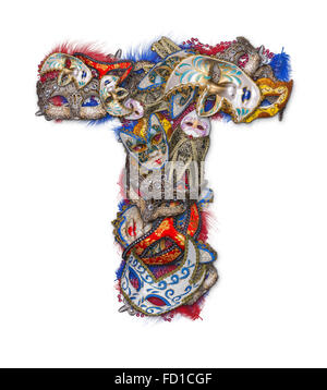 Buchstabe T gemacht Karnevalsmaske und Feder Stockfoto