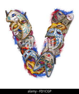 Buchstabe V gemacht Karnevalsmaske und Feder Stockfoto
