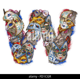 Buchstabe W gemacht Karnevalsmaske und Feder Stockfoto
