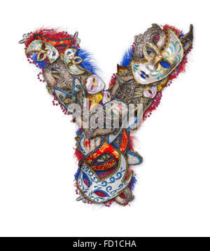 Buchstabe Y gemacht Karnevalsmaske und Feder Stockfoto