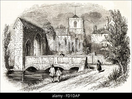 Ansicht von Waltham Abbey Kirche & die Ruinen des 14. Jahrhunderts Torhauses des Augustiner Klosters des Heiligen Kreuzes. Viktorianischen Holzschnitt, Kupferstich, ca. 1845. Stockfoto