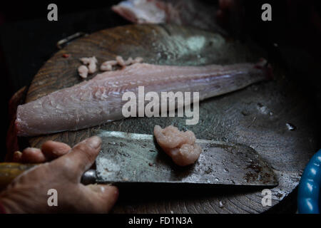 Huzhou, China Zhejiang Provinz. 27. Januar 2016. Ein Dorfbewohner macht Fisch Kugeln in Xinghuo Dorf Wuxing Bezirk in Huzhou, Ost-China Zhejiang Provinz, 27. Januar 2016. Lokale Dorfbewohner gekocht eine Vielzahl von traditionellen Snacks, die kommenden Frühlingsfest begrüßen. © Xu Yu/Xinhua/Alamy Live-Nachrichten Stockfoto