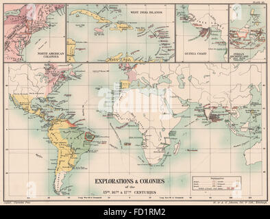 EUROPÄISCHE ERFORSCHUNG/KOLONIEN: 15C 16C 17C. Nord-und Südamerika Indies Afrika, 1902 Karte Stockfoto