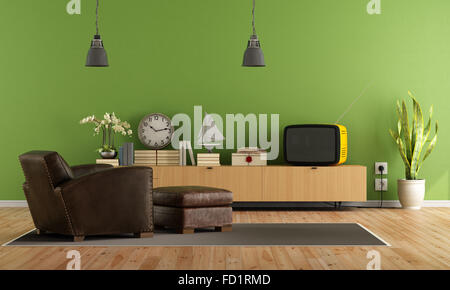 Vintage Wohnzimmer mit Retro-TV- und Ledersessel mit Hocker - Rendering Stockfoto