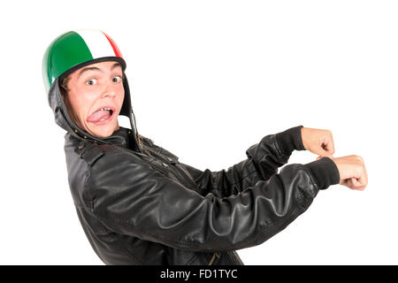 Junge Teenager mit Helm Grimassen isoliert in weiß Stockfoto