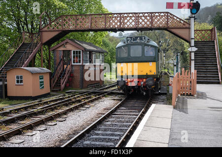 Eine alte Diesel betriebene Zug Ankunft in Buckfastleigh Bahnhof in Devon Stockfoto