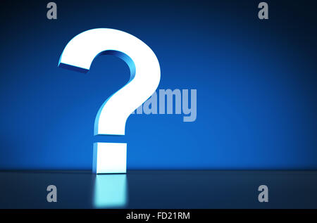 Fragezeichen-Symbol und das Symbol auf blauem Hintergrund mit Reflexion. Stockfoto