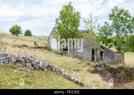 Verlassene Ruine. Stillgelegten alten Bauernhof aus Stein Gebäude in Ruinen auf einem Hügel Feld, Derbyshire, England, Großbritannien Stockfoto