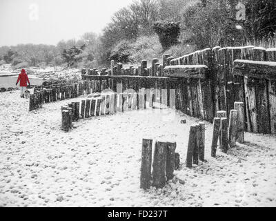 eine einsamer Hund Walker eine rote Kapuze aufgebockt zu Fuß mit einem Hund auf dem Schnee bedeckt Strand im Winter schneit, UK Stockfoto