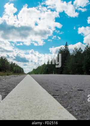 weißen Streifen auf dem Bürgersteig zwischen den Bäumen mit blauem Himmel Stockfoto