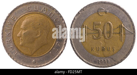 50 Kurus türkische Münze isolierten auf weißen Hintergrund Stockfoto
