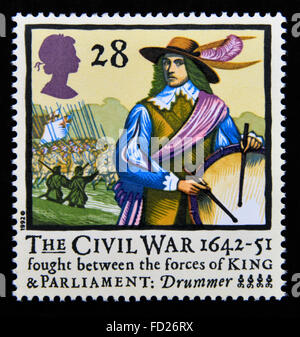 Briefmarke. Great Britain. Königin Elizabeth II. 1992. 350. Jahrestag des Bürgerkrieges. 1642-51. Drummer. 28p. Stockfoto