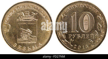 10 Rubel-Gedenkmünze, 2013, Seiten, Inschrift: Städte von militärischen Ruhm, Wjasma Stockfoto