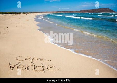 Horizontale Ansicht von Kap Verde in den Sand am Kite Beach geschrieben. Stockfoto