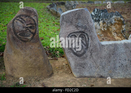 Felsen mit Petroglyphen in Caguana Eingeborene zeremonielle Mitte geschnitzt. Utuado, Puerto Rico. Karibik-Insel. US-Territorium. Stockfoto