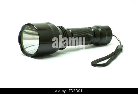 Isolierte schwarze Taschenlampe mit Kordel in weiß Stockfoto