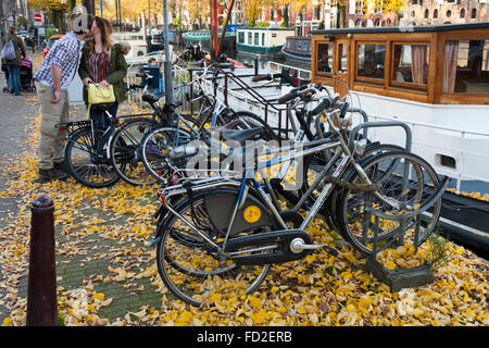 Romantik / sonnig romantisch zu zweit & Fahrräder / bikes. Mann / Frau küssen im Herbst / Herbst mit Sonne in Amsterdam, Holland-Niederlande Stockfoto